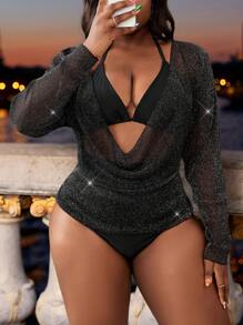 SHEIN Slayr CURVE Plus Size Women 3Pcs Set Beach Holiday Solid Color Halter Tie String Bikini With Long Sleeve Chiffon Cover Up For Vacation & Leisure Swimwear
