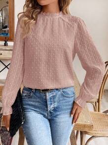 SHEIN Frenchy Swiss Dot Flounce Sleeve Lace Patchwork Fabric Patched Blouse - Pink - View 4