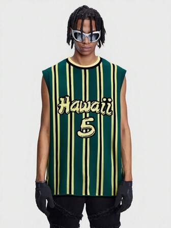 Prep سترة كاجوال للرجال بياقة مستديرة بدون أكمام بنمط بسيط من النسيج المحبوك للكرة السلة