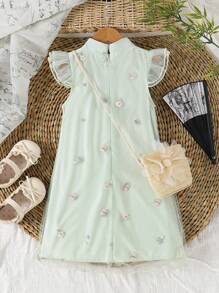 1 Set Girls Chinese Style Embroidered Mesh Hanfu + Handmade Flower Woven Shoulder Bag, Summer Button-Less Sleeveless Chinese Cheongsam Dress,Children's 1st Birthday Outfit - Green - View 2