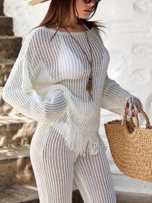 SHEIN Cottnline Women Solid Color Hollow Out Tassel Detailed Knit Cover Up & Sweater Pants Set - Cream - View 7