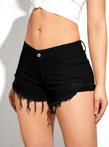 SHEIN ICON Quần short denim giản dị có viền rách cho nữ có túi - màu đen - Xem 3