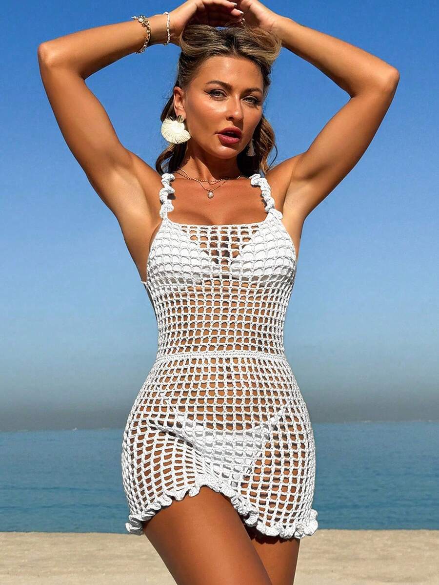Swim Vcay 女士海滩度假钩针露背吊带镂空荷叶边连衣裙和罩衫 - 白色 - 查看 1