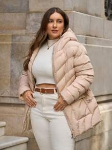 RueChic Plus Size Effen Kleur Winterjas met Riem