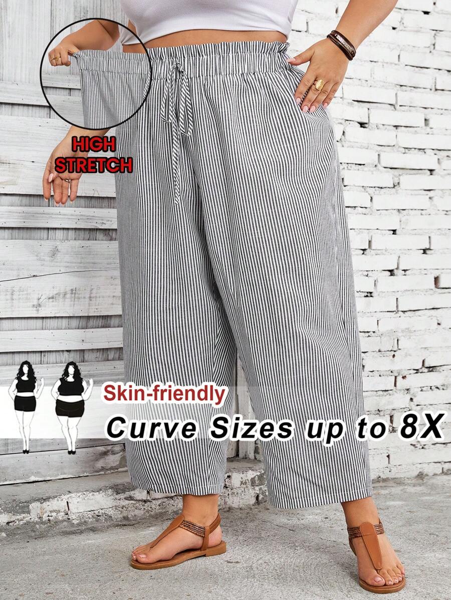 SHEIN CURVE+ Plus Size Vacation & White Striped Ruffle Waist Straight Leg Cropped Pants, Casual Bohemian Trousers