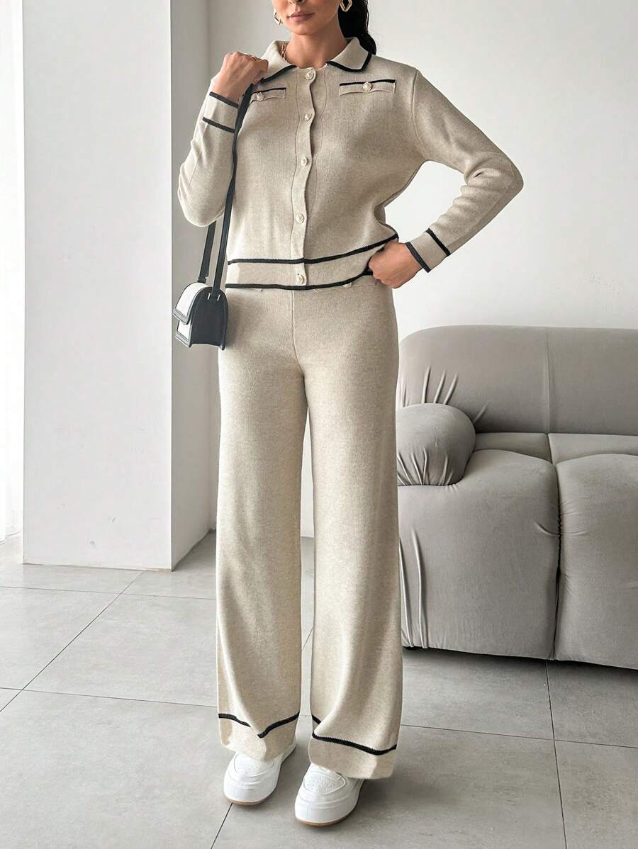EURMUSE Contrast Trim Cardigan & Knit Pants - Beige - View 1