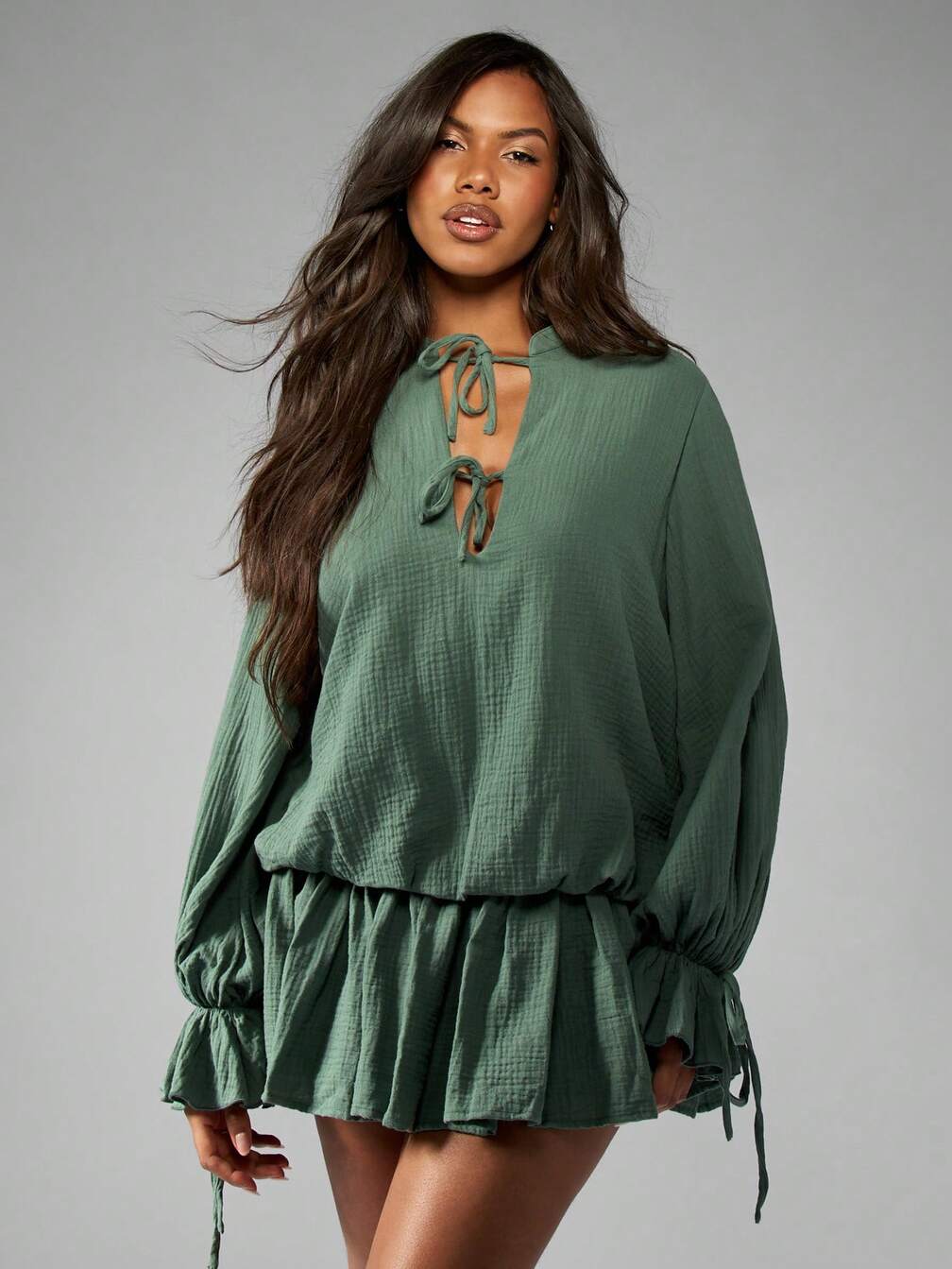 green boho mini dress YAS - Tie Front Long Sleeve Mini Dress - Women - Lyocell/Nylon - 6 US