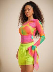 Vixey Colorful Ruffle Sheer Mesh Asymmetrical Neck Long Sleeve Top, Summer For Women, Easter, Festival For Women, Summer Tops, Rave, Cute Summer Tops - Multicolor - View 5