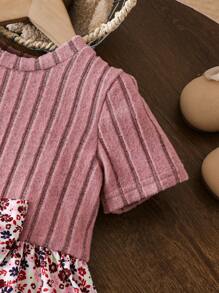 Young Girl Casual Ditsy Floral Ribbed Long Sleeve Dress - Dusty Pink - View 4