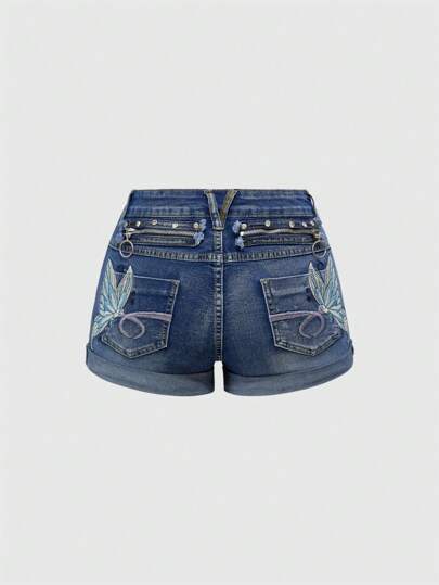 Fairycore Shorts vaqueros de talle bajo con lavado desgastado y bordado de mariposa, con estilo Y2K sexy