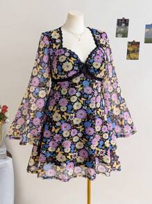 Soleia 大码女式休闲秋冬网眼面料黑色底色多色花卉印花蕾丝边蝴蝶结喇叭袖迷你连衣裙 - 黑色 - 查看 3