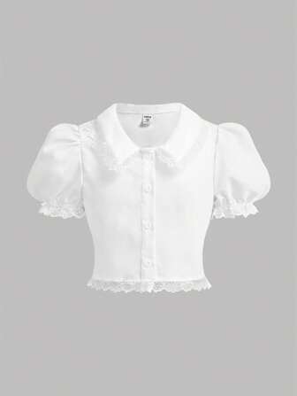 Girlism Tween Girl White Lace Splice Puff Sleeve Button Down Collared Short Casual Blouse