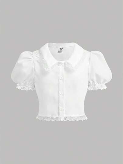 Girlism Chemisier court casual avec col boutonné, manches bouffantes et empiècements en dentelle pour jeune fille