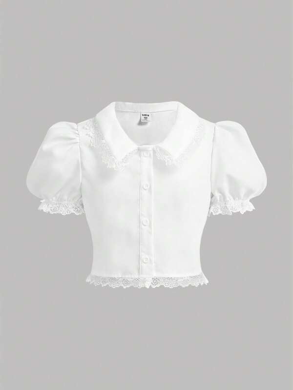 Girlism Tween Girl White Lace Splice Puff Sleeve Button Down Collared Short Casual Blouse