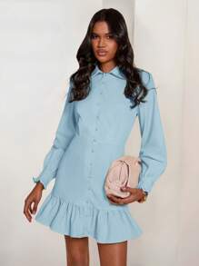 COSMINA Women's Elegant Baby Blue Mini Dress With Collar Neckline, Long Sleeves, And Ruffle Hem Detail - Baby Blue - View 6