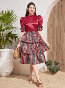 SHEIN Teen Girl Elegant Stand Collar Leg-Of-Gigot Sleeve Shirred Panel Shirt And Geometric Print Ruffle Hem Skirt 2 Pieces Set, Suitable For Ramadan, National Day, Eid Al-Fitr, Eid Al-Adha - Red - View 5