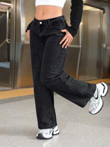 SHEIN PETITE Jeans anchos y holgados versátiles y casuales para mujer con bolsillos - Gris - Ver 5