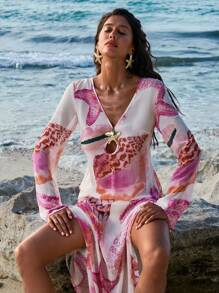 Opulessa Printed V-Neck Long Sleeve Dress For Women,Bohemia - Pink - View 5