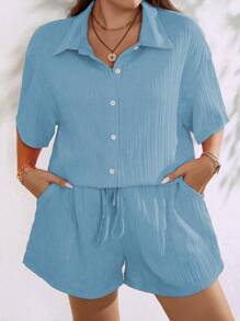 SHEIN Clasi 2pcs/Set Plus Size Women Solid Color Short Sleeve Button-Down Shirt And Shorts Set - Blue - View 4