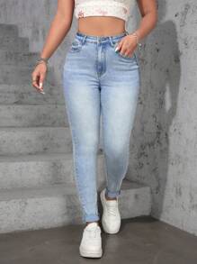 SHEIN Essnce Blugi skinny cu talie înaltă, spălați ocazional - Albastru - Vizualizare 1