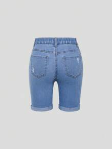 TWEEN GIRL URBAN STREET CASUAL DAILY SIMPLE WEST COUNTRY STYLE WRAP FRONT MID-JEANSHORTS ,With Back Flat Pockets And Ripped Detail , Button Front Closure And Roll-Up Hem - Medium Wash - View 2