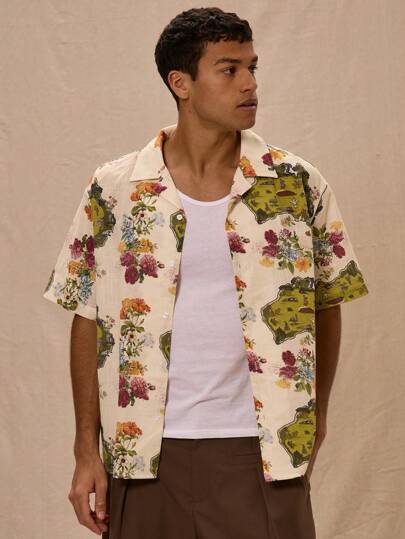 Musero 春夏花卉动物印花短袖纽扣衬衫