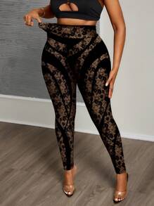 Slaydiva Casual Minimalist All-Over Faux Lace Print Leggings, Plus Size Fall Clothes Winter Clothes - White - View 6