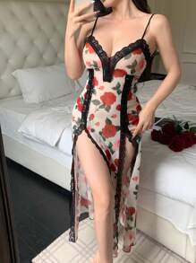 Camisón floral con encaje de contraste para mujer