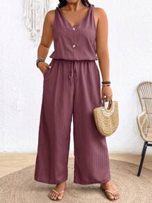 SHEIN Frenchy Bộ đồ liền thân vải crepe có họa tiết Earthy Clothes cỡ lớn có eo thắt nơ và cổ chữ V - Màu đỏ tím - Xem 3