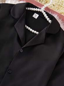 SHEIN 2pcs/Set Tween Girls Elegant Sweet Comfortable Satin Contrast Net Ruffle Hem Loungewear Set - Black - View 6