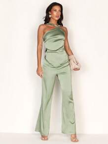 Glamine Combinaison élégante en satin dos nu pour femmes, tenue de saison de mariage - Vert - Voir 6