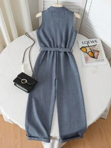 Sparklyn 女孩休闲度假春夏日常外出V领无袖系带阔腿纯色连体裤，假日，夏季，旅行