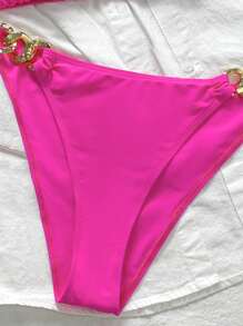 SHEIN Teen Girl Fuchsia Metallic Decor Fashion Tankini Swimwear Set For Summer Vacation - Hot Pink - View 3