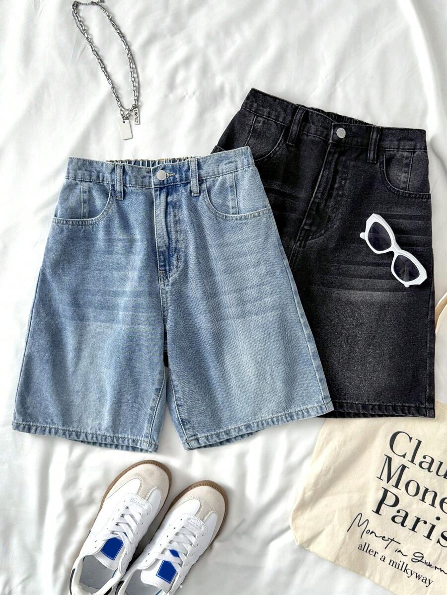 SHEIN Teen Girls' Y2K Summer Street Vintage Retro Blue/Black Washed 2000s Slant Pocket Raw Trim 2 Pcs Denim Baggy Ripped Bermuda Long Shorts, Baggy Wide Leg Shorts, Summer Brunch Graduation,Vacation Beach Vacation,Country Concert/Rave Festival - Multicolor - View 1