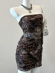 SHEIN EZwear Women's Snake Skin Print Knit Tube Top And Skirt 2 Pieces Set - Brown - View 5