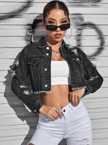 Jeanoix Ripped Raw Hem Denim Jacket - Dark Grey - View 5