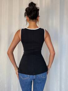 Chiquease Camiseta Regata Feminina, Listrada Preta e Branca Simples e na Moda, Adequada para Uso Diário, Verão - Preto - Visão 2