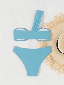 SHEIN Swim 女士纯色肩带荷叶边比基尼套装