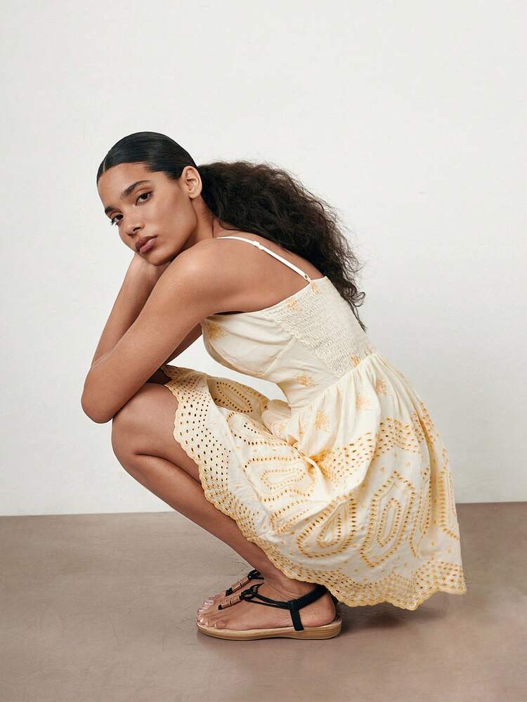 SHEIN Maija Beige Embroidered Camisole A-Line Boho Style Casual Mini Dress For Women, Comfortable & Soft