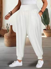 EMERY ROSE Plus Size Women's Solid Color Elastic Waist Pleated Harem Pants Fall - White - View 5