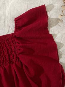 2pcs 2025 Spring/Summer New Casual Comfortable Resort Ruffled Sleeve Red Tween Girl Set, Suitable For Daily Wear, Outdoor Activities, And Family Holiday Gatherings - Burgundy - View 6