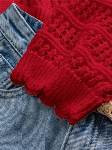 Travachic Áo len cardigan dệt kim khoét lỗ màu trơn đơn giản cho nữ, áo len dệt kim cho mùa thu/đông - Đỏ - Xem 3