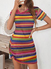 SHEIN LUNE Spring Music Festival Colorful Woven Fabric Open Shoulder Bodycon Mini Dress For Women - Multicolor - View 4