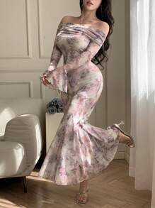 DAZY Mid-Length Floral Print Wrap Dress For Women, Spring/Summer Elegant Off Shoulder Top Easter - Multicolor - View 5