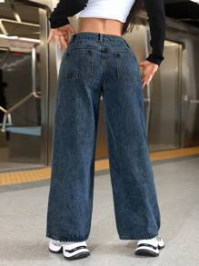 SHEIN PETITE Solid Color Pocket Loose Casual Versatile Denim Pants - Blue - View 2