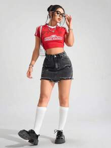 Jeanoix 休闲纯色做旧原始下摆口袋牛仔短裤 - 黑色 - 查看 3