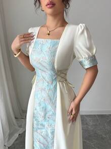 Elenzga Elegante vestito lungo da donna con scollo quadrato, coulisse e tessuto jacquard