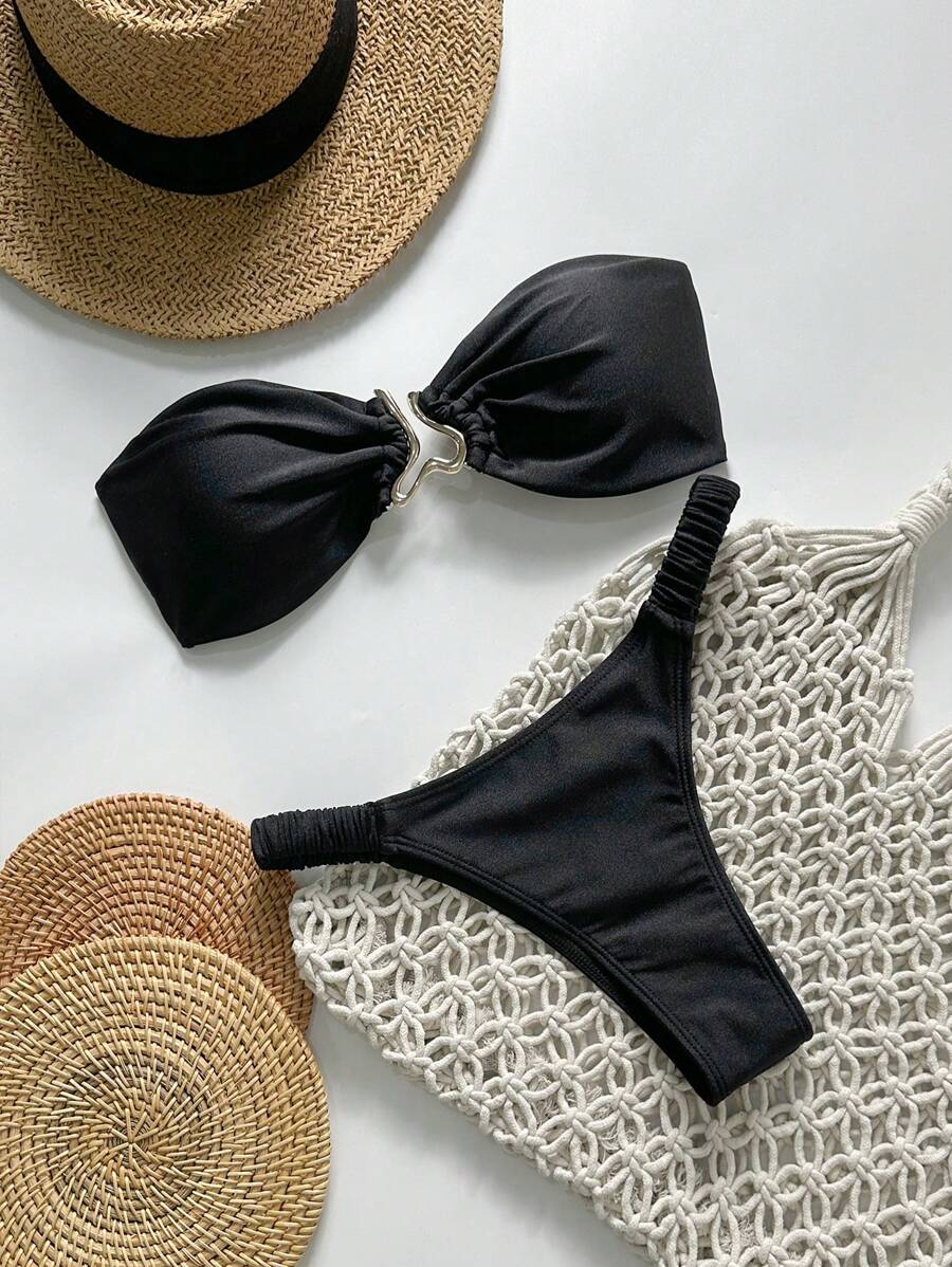Swim Mod Springbreak Women's Solid Color Strapless Metal Decor Sexy Tie-Up 2 Pieces Bikini Swimwear Summer Beach Outfit - Black - View 1