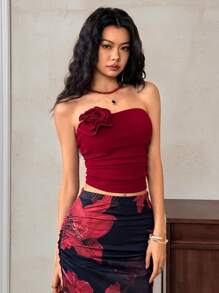 EastFlair Women's Elegant Solid Color 3D Floral Decor Bandeau Top - Red - View 1