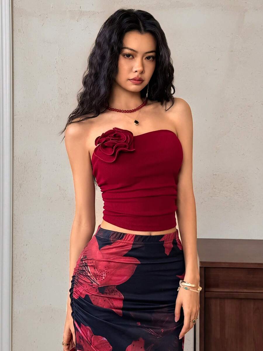 EastFlair Women's Elegant Solid Color 3D Floral Decor Bandeau Top - Red - View 1